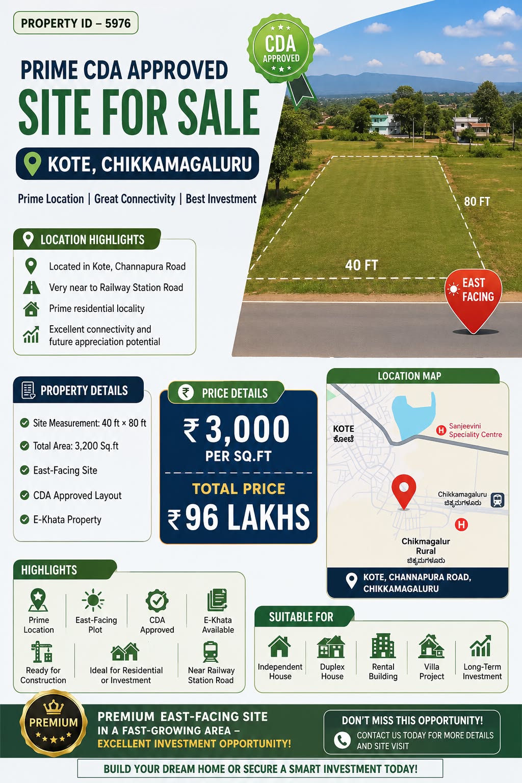 🆔 *PROPERTY ID – 5976* 🏡 *3200 sq fr Prime CDA Approved Site for Sale – Kote, Chikkamagaluru*